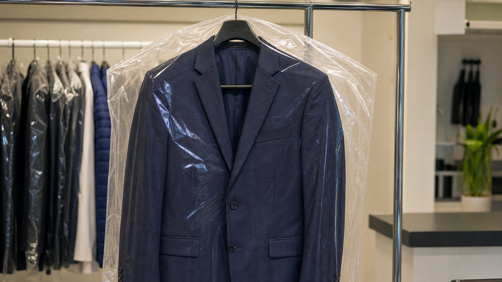 Veste de costume structurée suspendue sous housse de pressing