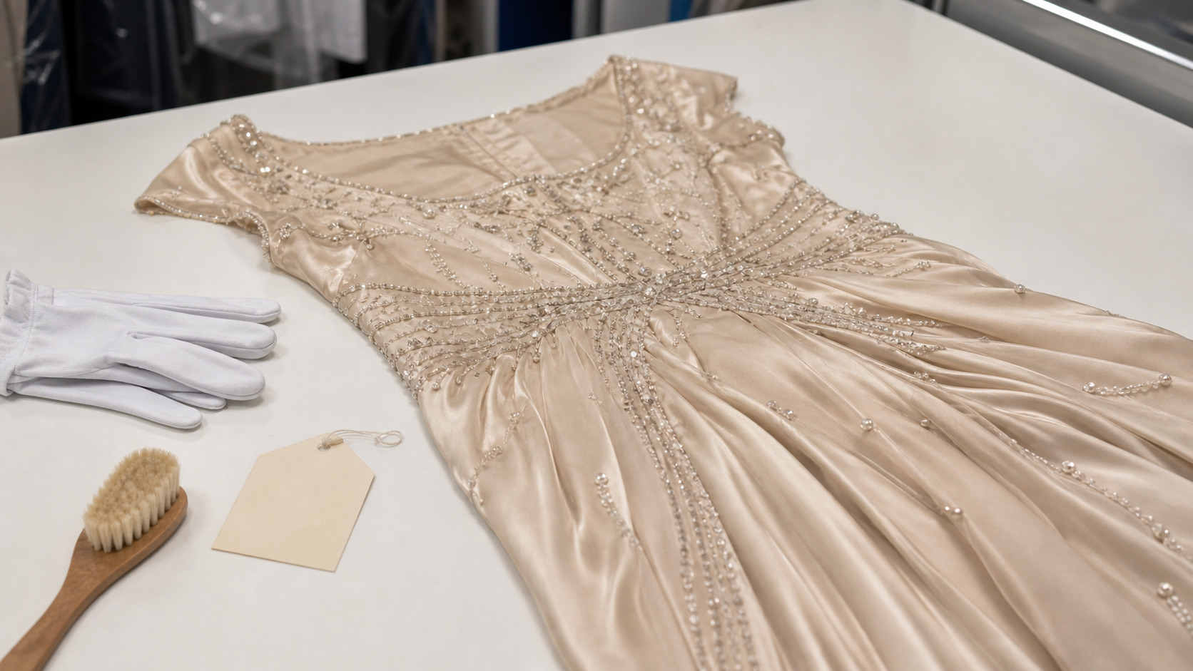 Robe en soie avec perles posée sur une table avant nettoyage