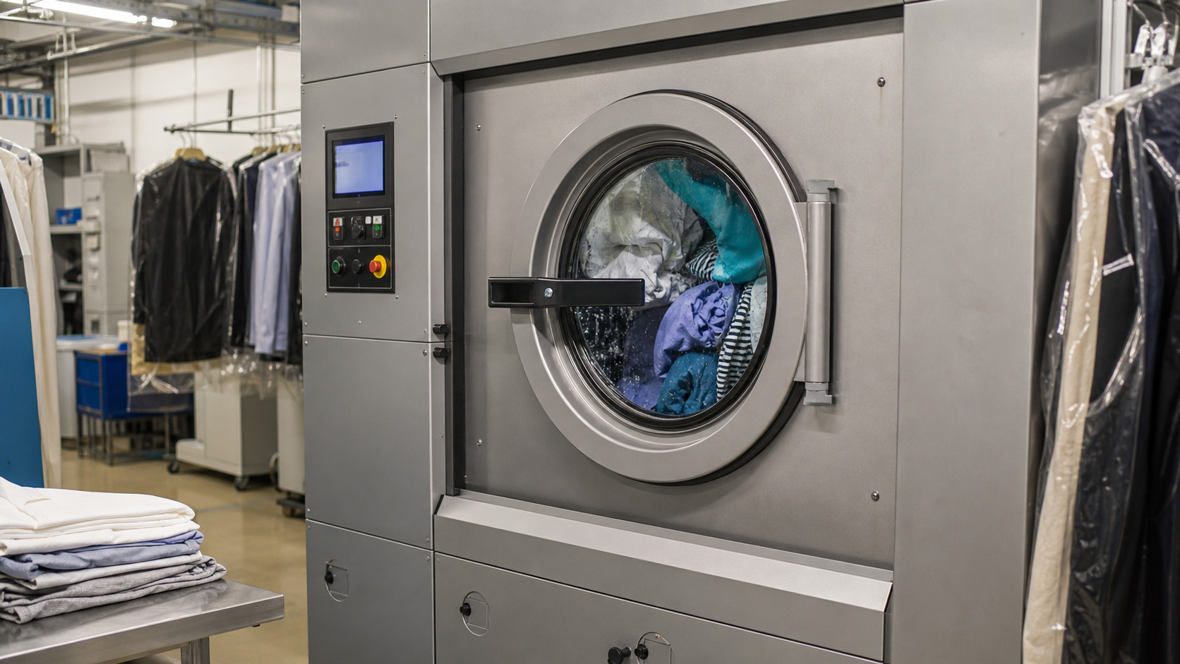 Machine professionnelle de pressing avec hublot et vêtements en traitement