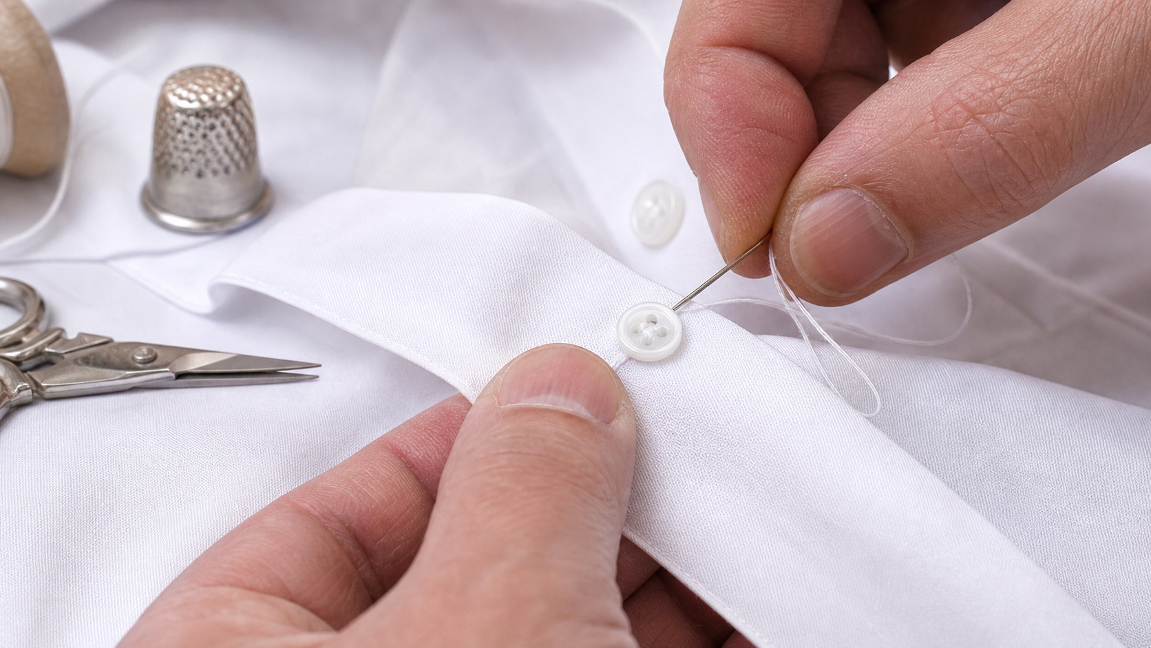 Bouton de chemise recousu avec fil blanc et petite aiguille
