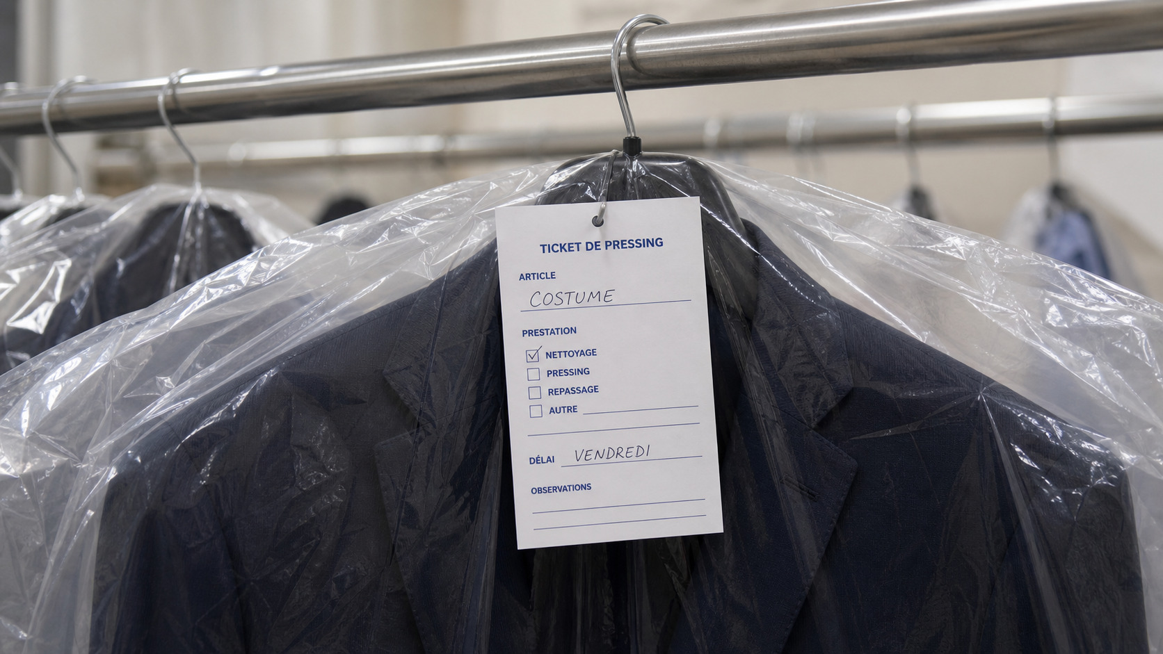 Ticket de pressing accroché à une housse de costume